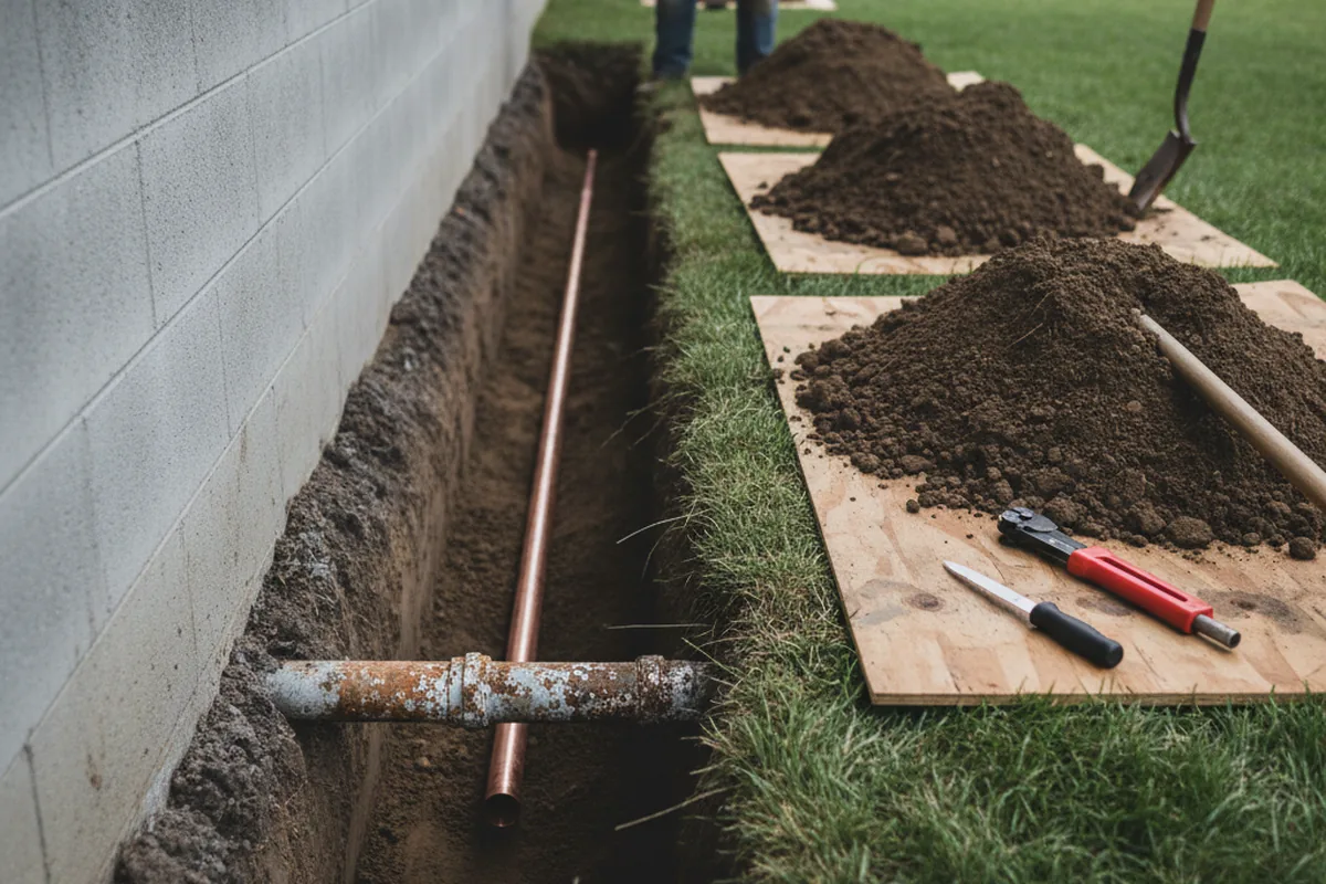 Excavated water line trench during Water Heater Repair in Maitland